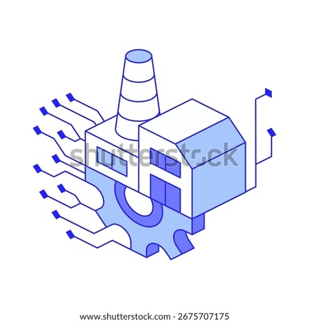 Connected smart factory isometry icon for industrial automation and digital transformation Industry 4.0, smart manufacturing, IoT-driven automation and digital infrastructure for efficient production