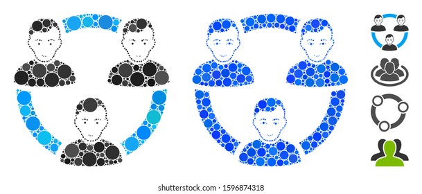 Connected social members composition of round dots in different sizes and shades, based on connected social members icon. Vector round elements are united into blue composition.