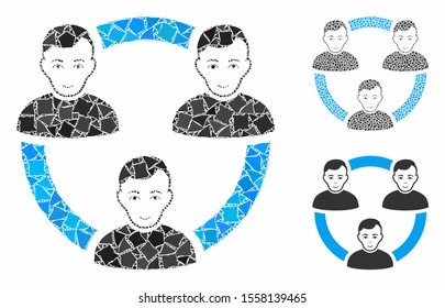 Connected social members mosaic of joggly elements in variable sizes and shades, based on connected social members icon. Vector abrupt elements are organized into collage.