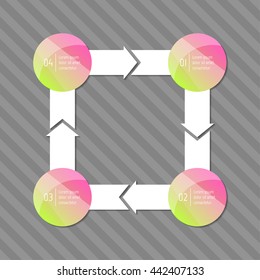 Connected square infographic diagram with arrows and 4 glossy round options. EPS10 isolated template of paper sequence banner, workflow business layout.