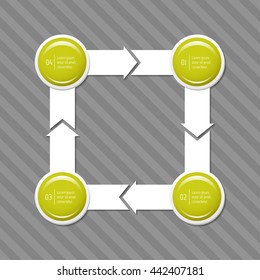 Connected square infographic diagram with arrows and 4 glossy round options. EPS10 isolated template of paper sequence banner, workflow business layout.