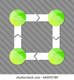 Connected square infographic diagram with arrows and 4 glossy round options. EPS10 isolated template of paper sequence banner, workflow business layout.