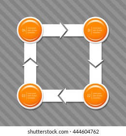 Connected square infographic diagram with arrows and 4 glossy round options. EPS10 isolated template of paper sequence banner, workflow business layout.