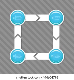 Connected square infographic diagram with arrows and 4 glossy round options. EPS10 isolated template of paper sequence banner, workflow business layout.