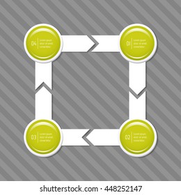 Connected square infographic diagram with arrows and 4 glossy round options. EPS10 isolated template of paper sequence banner, workflow business layout.