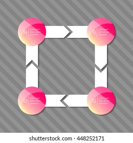 Connected square infographic diagram with arrows and 4 glossy round options. EPS10 isolated template of paper sequence banner, workflow business layout.