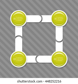 Connected square infographic diagram with arrows and 4 glossy round options. EPS10 isolated template of paper sequence banner, workflow business layout.
