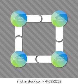 Connected square infographic diagram with arrows and 4 glossy round options. EPS10 isolated template of paper sequence banner, workflow business layout.
