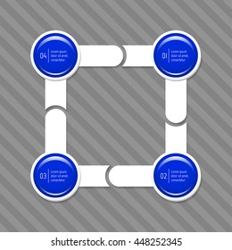 Connected square infographic diagram with arrows and 4 glossy round options. EPS10 isolated template of paper sequence banner, workflow business layout.