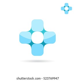 Connected squares forme medical cross shape, 2d vector logo sign, illustration isolated on white background, eps 10