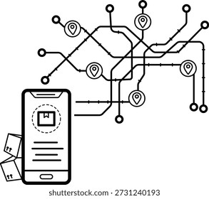 Conceito de rotas de cadeia de suprimentos conectadas, design de ícone de vetor de rede de distribuição inteligente, roteamento inteligente para cena de logística moderna, comércio eletrônico e ilustração de estoque de compras