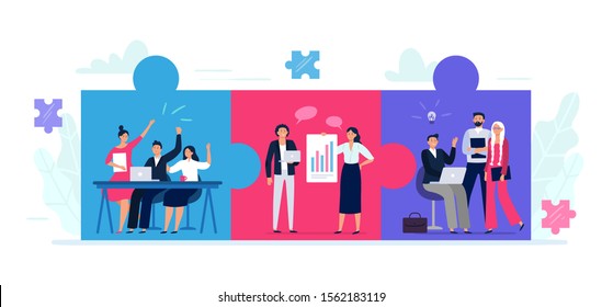 Connected teams puzzle. Office workers team cooperation, teamwork collaboration and business partnership. People work together. Jigsaw puzzle communication strategy metaphor flat vector illustration