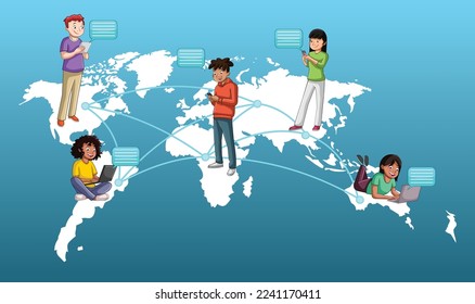 Adolescentes conectados con smartphone y computadora en todo el mundo. Amigos usando las redes sociales.