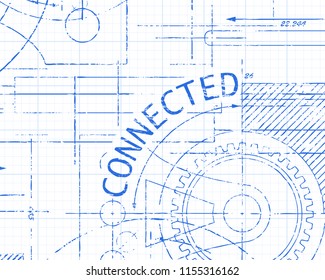 Connected text with gear wheels hand drawn on graph paper technical drawing background