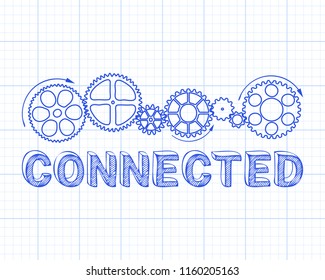 Connected text with gear wheels hand drawn on graph paper background