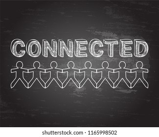 Connected text hand drawn with paper people on blackboard background