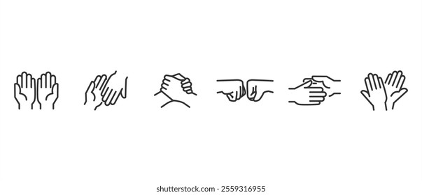 Connected two handed gesture  linear icons set. Unity, peace and love. Hand icon set. Contains hand gestures vector icons in line form isolated on transparent background. Editable stroke.