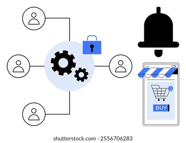 Connected users around central gears illustrating collaboration, secured by lock symbol. Online shopping cart on smartphone with notification bell emphasizing e-commerce. Ideal for e-commerce