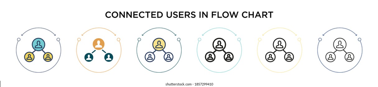 Connected users in flow chart icon in filled, thin line, outline and stroke style. Vector illustration of two colored and black connected users in flow chart vector icons designs can be used for 