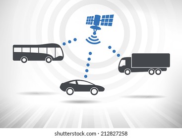 Connected Vehicles. Concept with intelligent vehicles connected via satellite. Vehicles in side view. Fully scalable vector illustration.