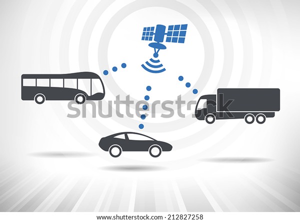 Connected Vehicles. Concept with
intelligent vehicles connected via satellite. Vehicles in side
view. Fully scalable vector
illustration.