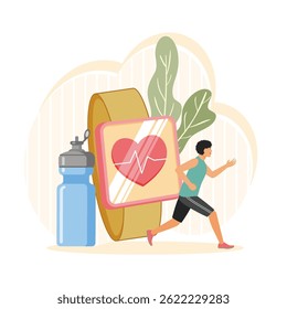 Connected workout concept. Jogging man, sport with smart watch and drink. Sport fitness tracker.