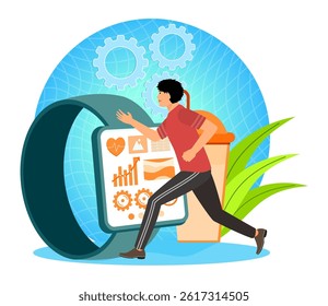 Connected workout concept. Sporty fit man using a workout and meal planner app on her smart watch, fitness and technology. Flat vector modern illustration 