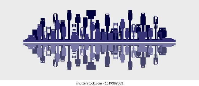 Connected world concept of a city skyline made up of device cables in flat design vector