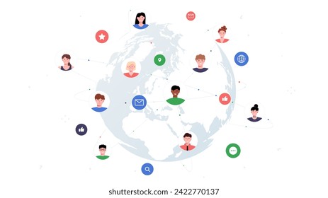 Connected world concept. Men and women avatars at background of planet. Users of social networks and messengers. Global communication. Cartoon flat vector illustration isolated on white background