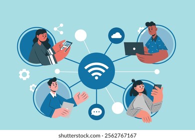 Connected world illustration. People using devices to connect through a Wi-Fi network, representing digital connectivity and global communication.