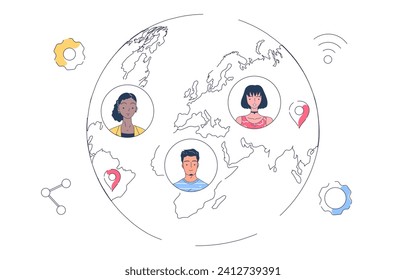 Connected world line concept. Planet globe with avatars of social networks users. International communication and interaction. Social media accounts. Linear flat vector illustration