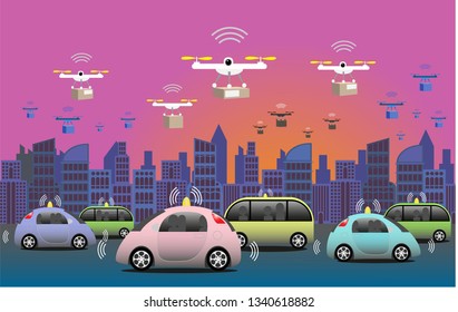 Connected world with self driving vehicles and quad copters for rapid deliveries. 5G mobility technology for Internet of Things. Electricity and fossil free environment. Vector Illustration.