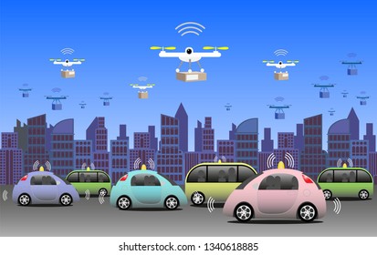 Connected world with self driving vehicles and quadcopter for rapid deliveries. 5G mobility technology for Internet of Things. Fossil free electricity for a climate smart society. Vector Illustration.