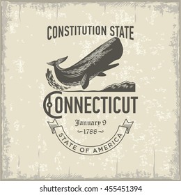 Connecticut Constitution State, stylized emblem of the state of America, toothed whale, vintage