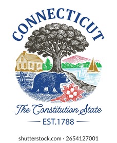 Connecticut The Constitution State - Estados Unidos Cityscape T-shirt Vetor, Ícones americanos de referência, Vintage States Cityscape Shirt, Retro Travel City Art, Estados Citações de referência, Estado Vacation Illustrat