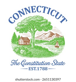 Connecticut The Constitution State - US State Vintage T-shirt Vector, USA States Cityscape Landmark Icons, American State Typography Shirt, USA Skyline Clipart, Retro travel city illustration
