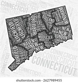 Connecticut counties map word cloud. Connecticut region names. Black and white map design. Classy vector illustration.