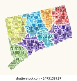 Connecticut counties word cloud. State logo design. Counties typography style vector image. Connecticut colored text cloud. Amazing vector illustration.