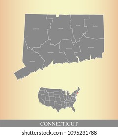 Connecticut county map with names labeled. Connecticut state of USA map vector outline 