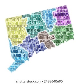 Connecticut county word cloud. State shape design. Connecticut colored illustration. County names collage cloud. Vector illustration.