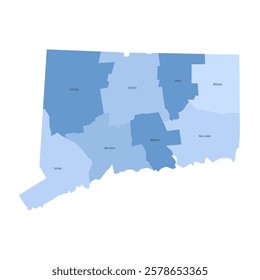 Connecticut, CT - detailed political map of US state. Administrative map divided into counties. Blue map with county name labels. Vector illustration