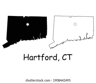 Connecticut CT state Map USA with Capital City Star at Hartford. Black silhouette and outline maps isolated on a white background. EPS Vector