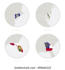 Connecticut, Delaware, Florida, Georgia US states map contour and national flag in a circle. Vector Illustration.