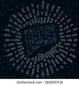 Connecticut digital map. Binary rays radiating around glowing US state. Internet connections and data exchange design. Vector illustration.