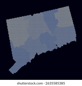 Connecticut gepunktete Karte. Digitale Stilkarte des Zustands auf dunklem Hintergrund. Connecticut-Form mit Kreispunkten. Farbige Punkte. Kleine Kreise. Tolle Vektorgrafik.