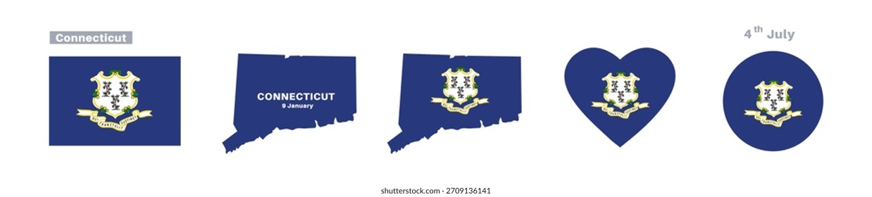 Connecticut flag and map set. American state flags in official colors and proportions. January 9 celebrations, maps, circles, and hearts of Connecticut .