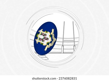 Connecticut flag on rugby ball, lined circle rugby icon with ball in a crowded stadium. Vector sport emblem on abstract background.