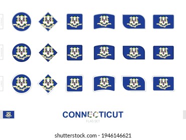 Juego de banderas Connecticut, banderas simples de Connecticut con tres efectos diferentes. Ilustración vectorial.