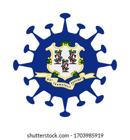 Connecticut flag in virus shape, symbolizing COVID-19 awareness.
