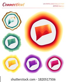 Connecticut logo collection. Colorful logos of the US state with unique layered dynamic frames around the Connecticut border shape. Vector illustration.